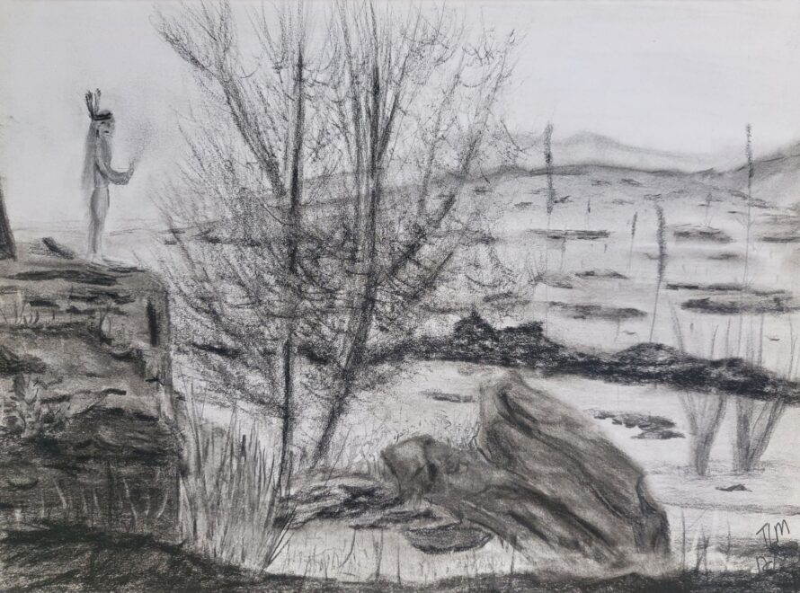 "Offering" is a powerful and deeply moving pencil drawing that transports the viewer to a sacred moment in the Valley of Fire, NM. From a unique viewpoint amidst the ancient lava flows, the drawing centers on a lone native figure standing upon a rugged outcrop, hands raised in a profound gesture of offering to the Great Spirit. Through the skillful use of graphite, the drawing achieves dramatic contrast and rich texture, from the gnarled branches of a foreground tree to the craggy rocks and the vast, ethereal landscape beyond. The scene pulsates with a palpable sense of reverence and spirituality, echoing the artist's feeling of the early natives making their devotions in this very valley. "Offering" is a timeless testament to the enduring spiritual connection between humanity and the land, inviting contemplation on ancient rituals and the deep, invisible energies that still resonate within this sacred place. Signed TLM.