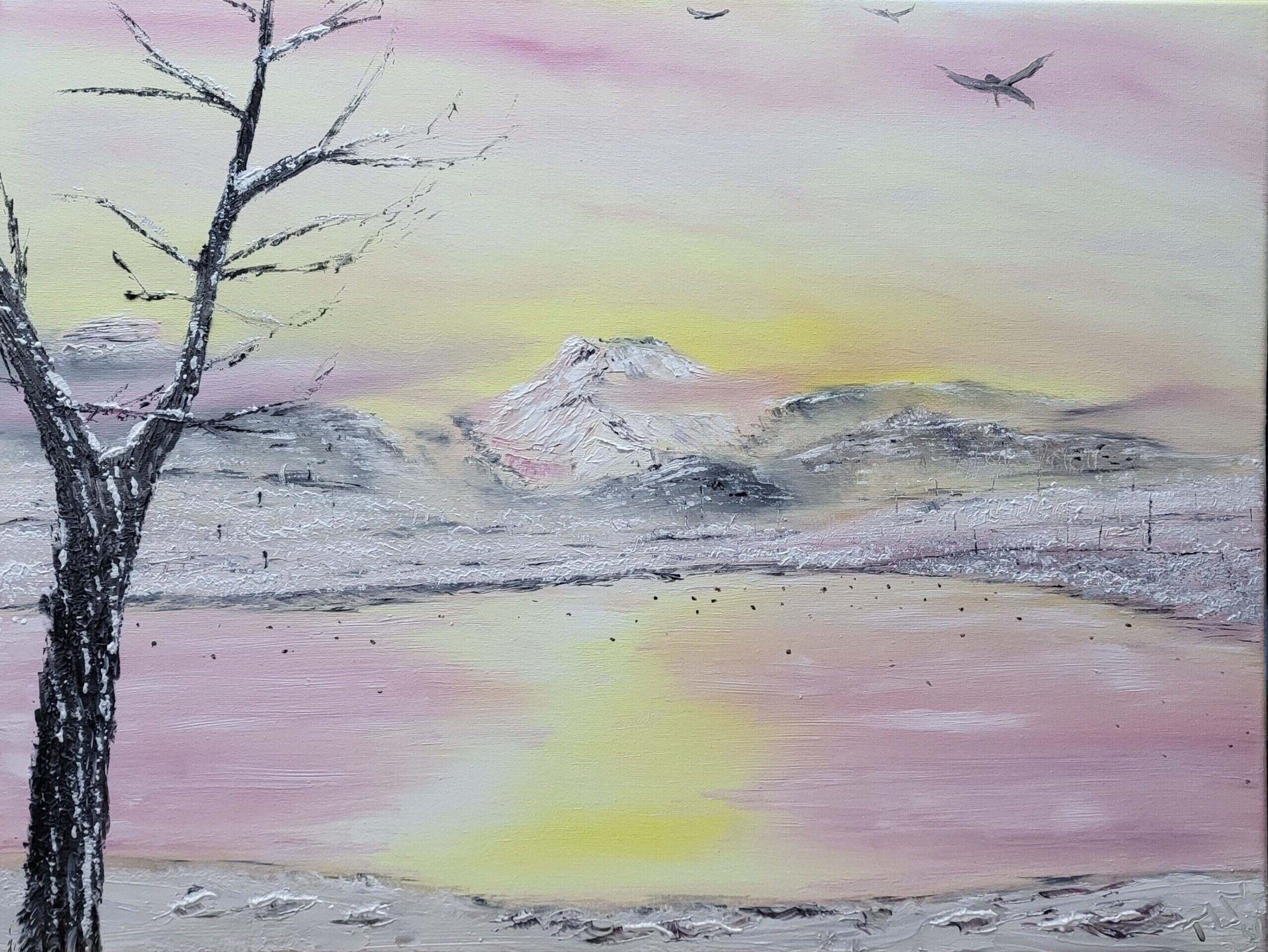 At Maxwell Wildlife Refuge, the winter sun rose without a sound. The air was cold enough to still breath itself, and I stood watching as the sky washed the frozen lake in soft gold and rose. This painting holds that moment of suspended grief and grace—when the world, like the soul, holds perfectly still.